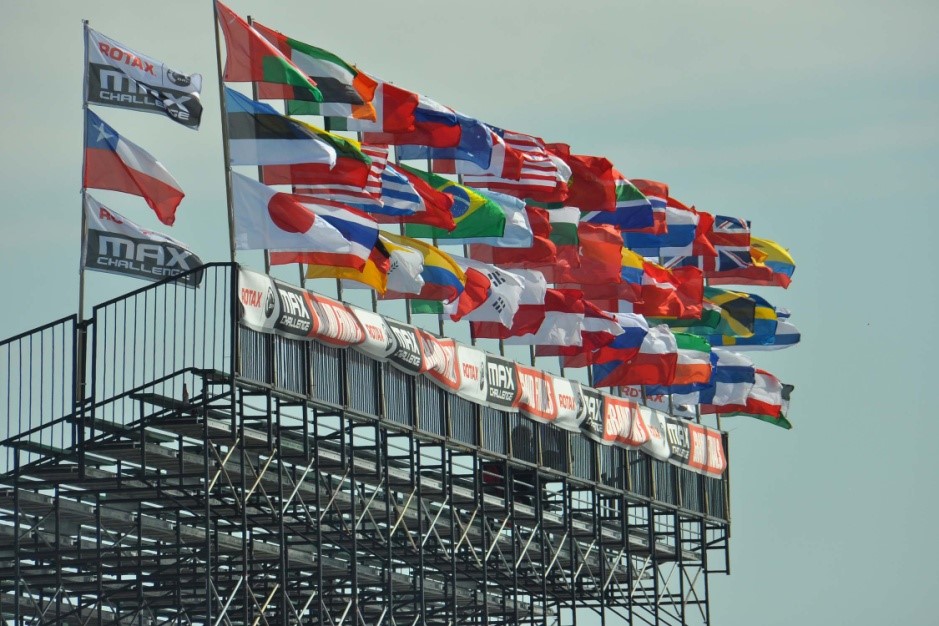 The flags from all participating countries during the Grand Finals of karting. © BRP 2015